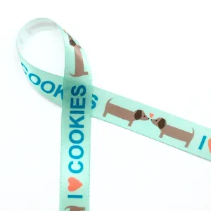 I (red heart) Cookies Ribbon in blue with a mint green background and dogs on 5/8" white single face satin