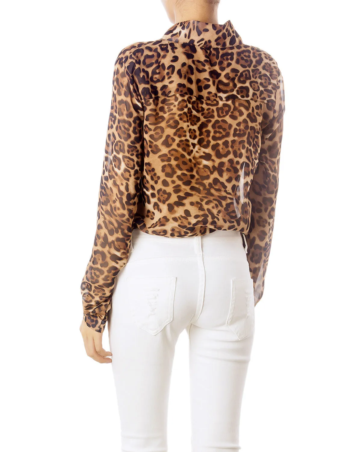 iB-iP Women's Sheer Tulle Leopard Prints Long Sleeves Button Down Spread Shirt