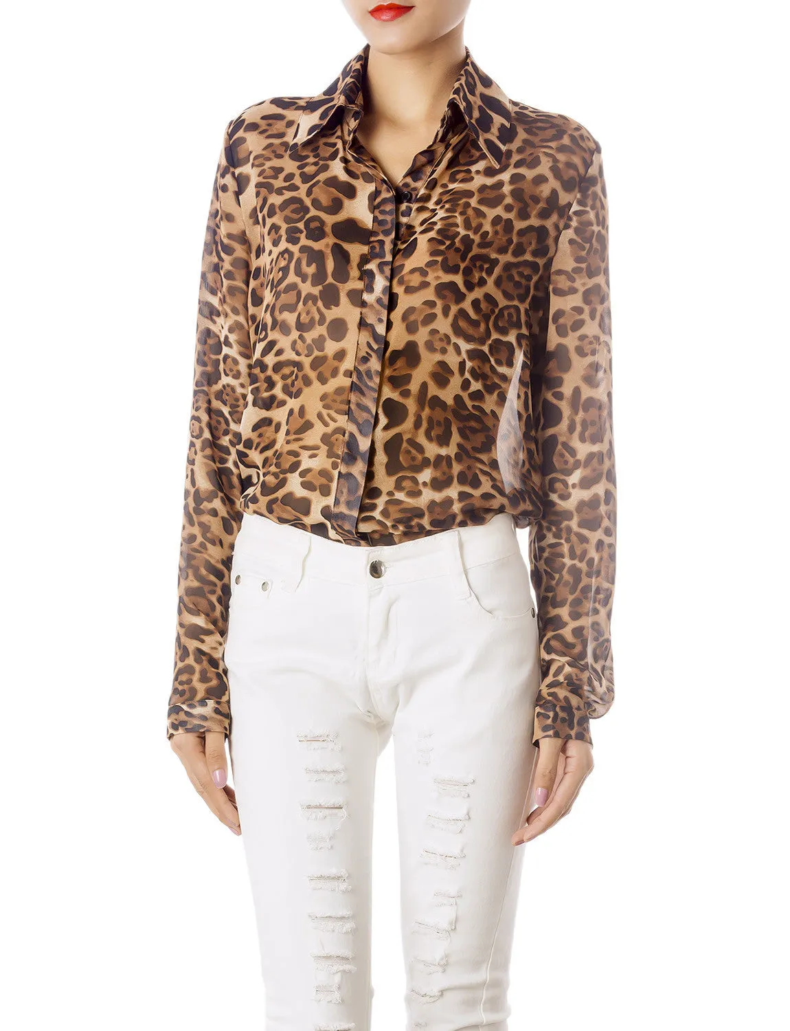 iB-iP Women's Sheer Tulle Leopard Prints Long Sleeves Button Down Spread Shirt