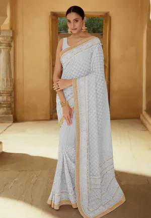 Ice Blue Chikankari Embroidered Party Wear Saree