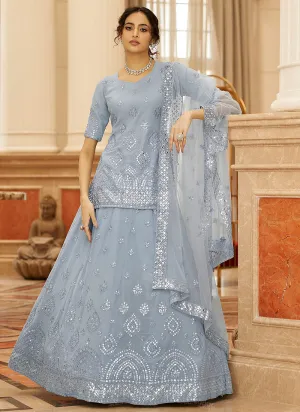 Ice Blue Embroidered Lehenga Kurti