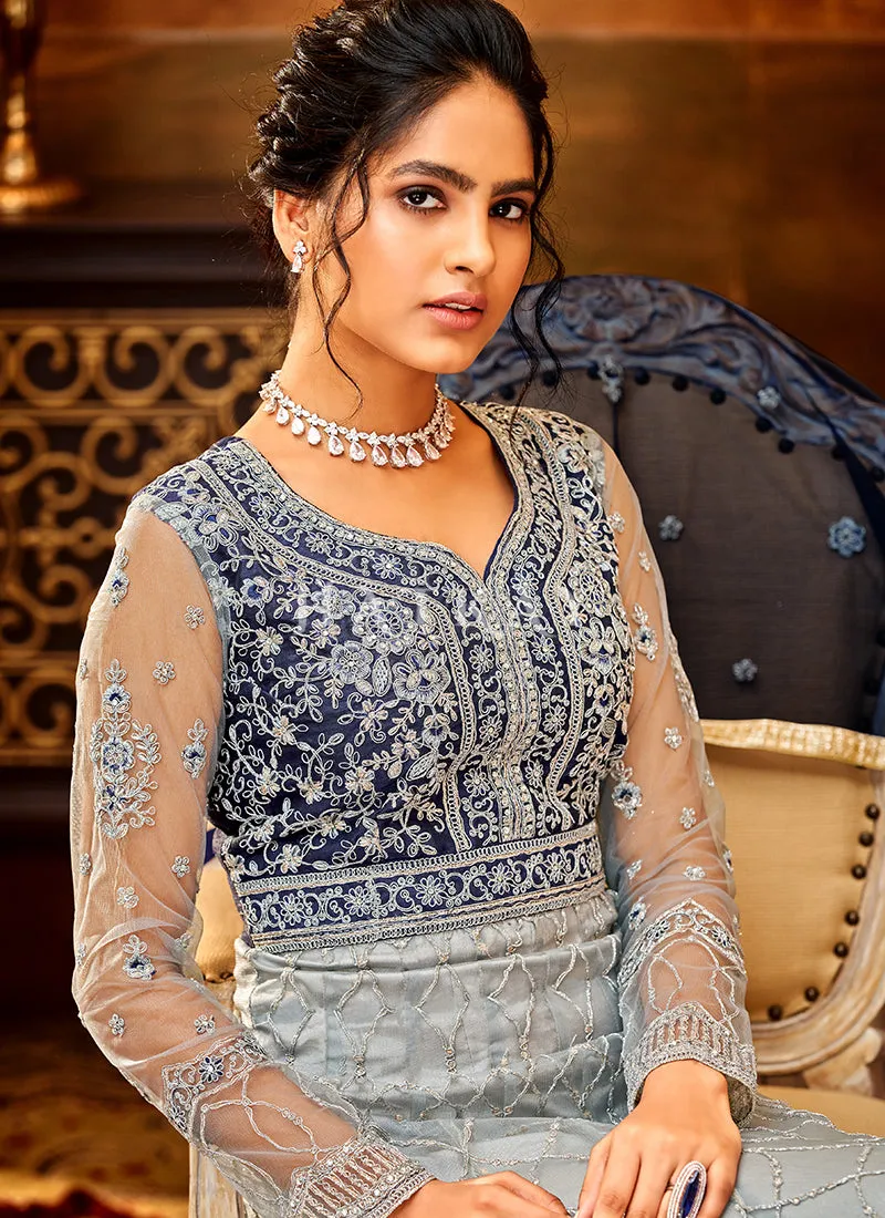 Ice Blue Embroidery Wedding Anarkali Suit