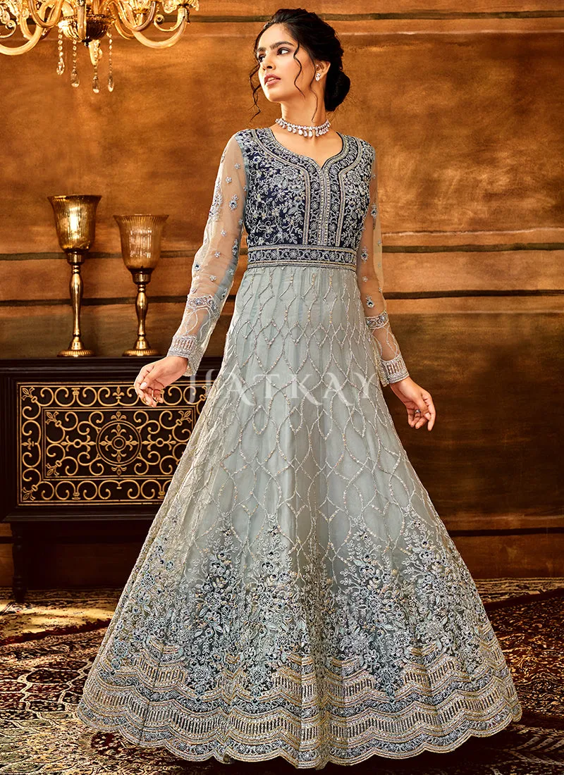 Ice Blue Embroidery Wedding Anarkali Suit