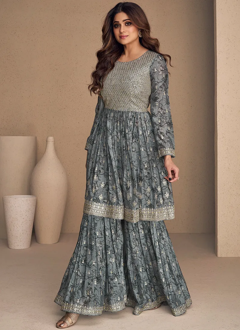 Ice Blue Sequence Embroidery Gharara Style Suit