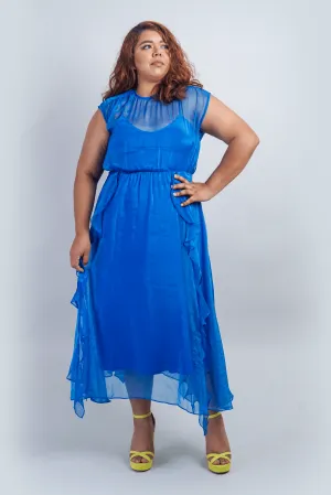 Ice Blue Sleeveless Ruffles Midi Dress