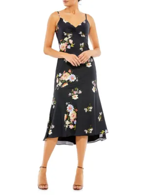 Ieena Mac Duggal Floral Satin Midi Slip Dress in Black Multi