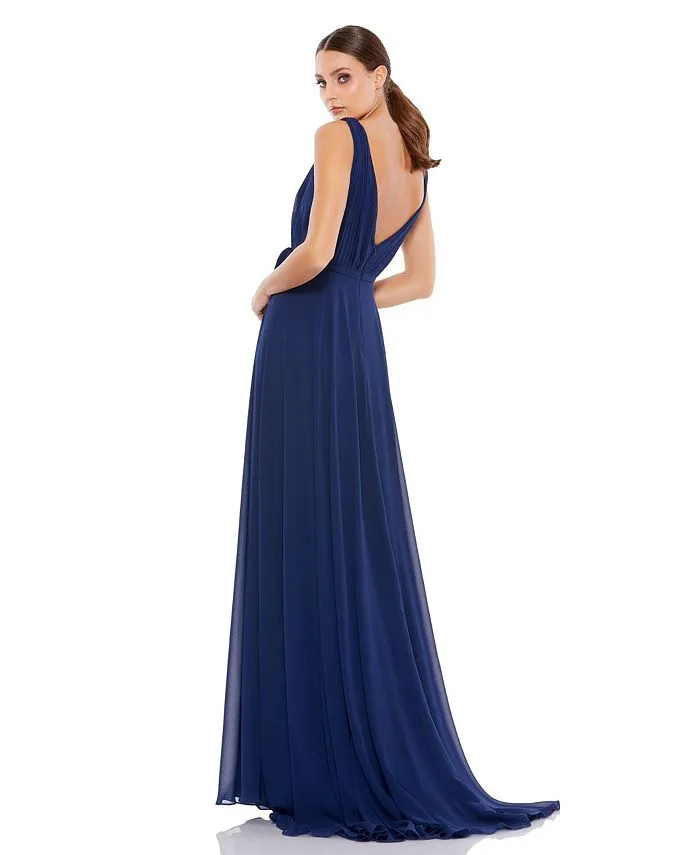 Ieena Mac Duggal Women's Sleeveless V-Neck Chiffon Dress Blue