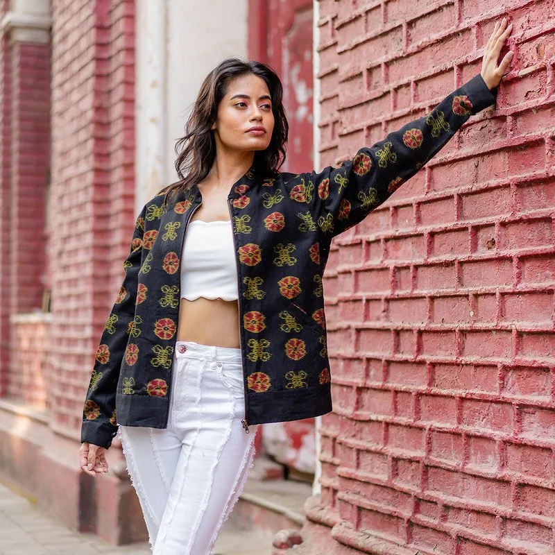 Ikat Cotton Black Bomber Jacket for Women | Mandarin Collar