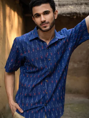 Ikat Hand Woven Soft Cotton Shirt - Blue Arrows