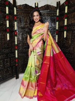 Ikat Saree with Hyderabadi Ikat Patoda - Multi-Color and Red Pallu