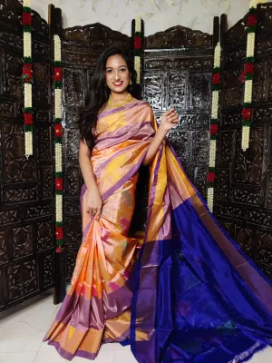 Ikat Saree with Hyderabadi Ikat Patoda - Orange and Blue