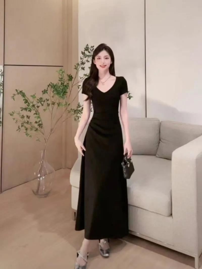 IKEARLAX  Style Elegant V-neck Black Dress Women's Summer New Slim Fit Slimming Waist-Tight Long Skirt