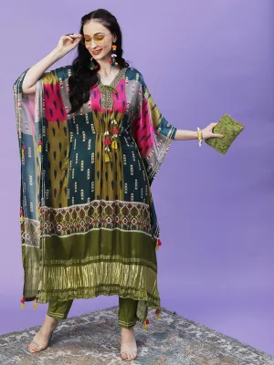 Ikkat Printed Mirror & Zari Embroidered Tasseled Kaftan With Pants - Multi