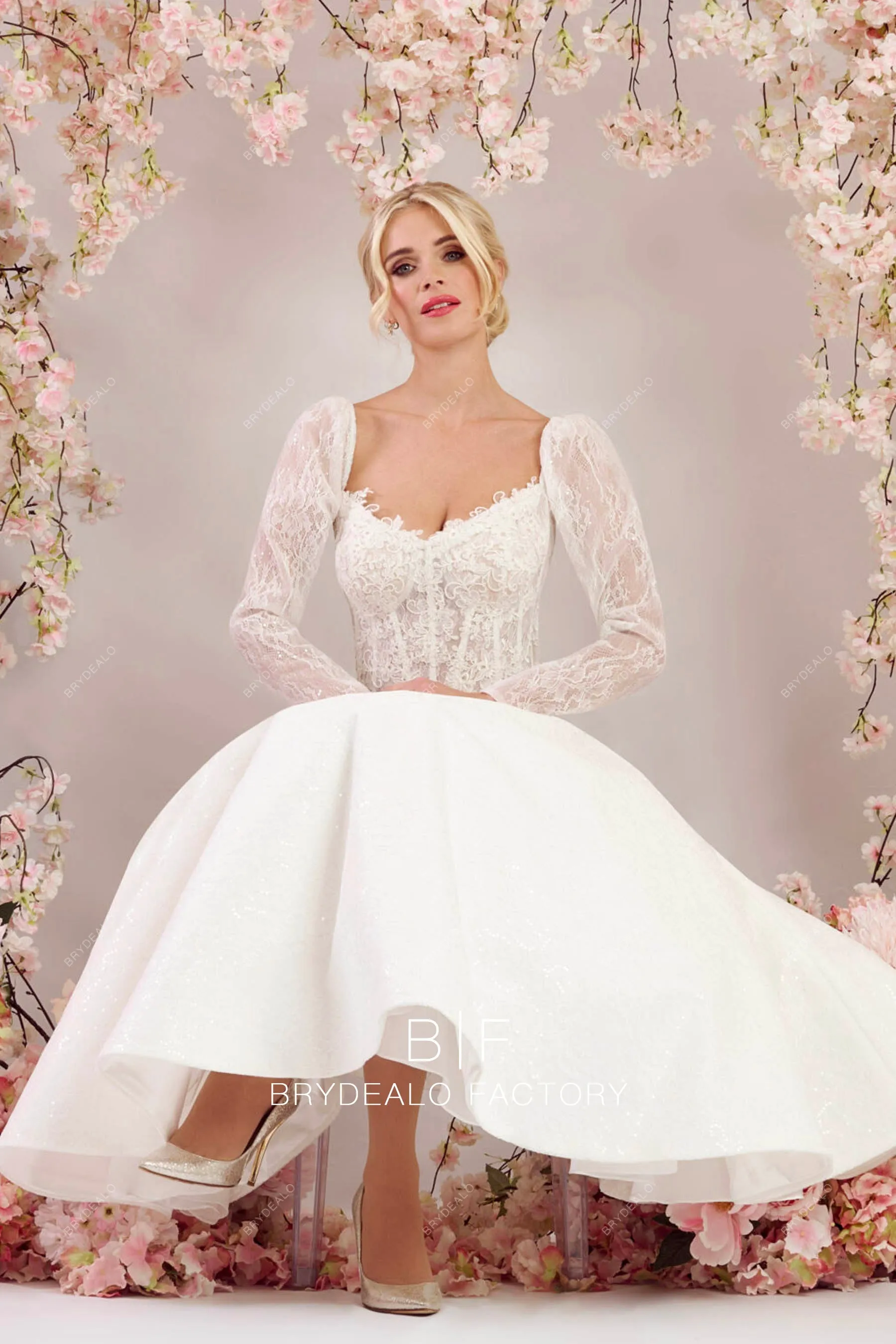 Illusion Corset Victoria Lace Tea-Length Short Puffy Wedding Dress