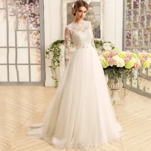 Illusion Lace Back A-Line Wedding Dress O-Neck Luxury Bridal Gowns