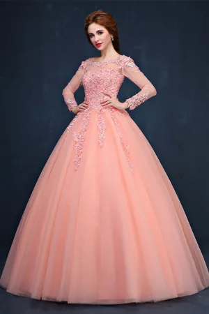 Illusion Lace Long Sleeve Quinceañera Beaded Crystal Princess Ball Gown