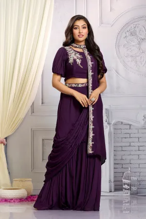 Imperial Purple Embellished Chinon Silk Drape Crop Top Sharara Set