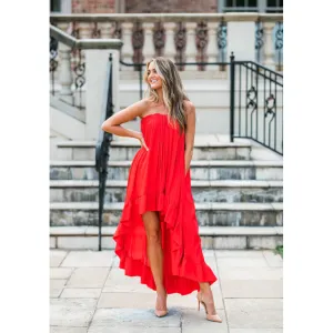 In Too Deep Satin Ruffle Strapless Dress- RED