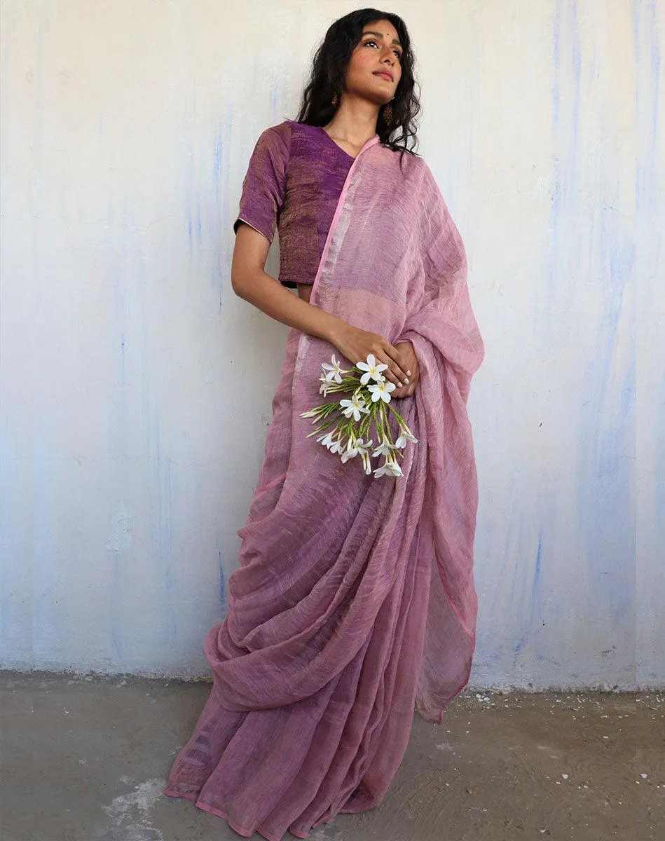 Inara Handwoven Linen Saree-Melting Moon