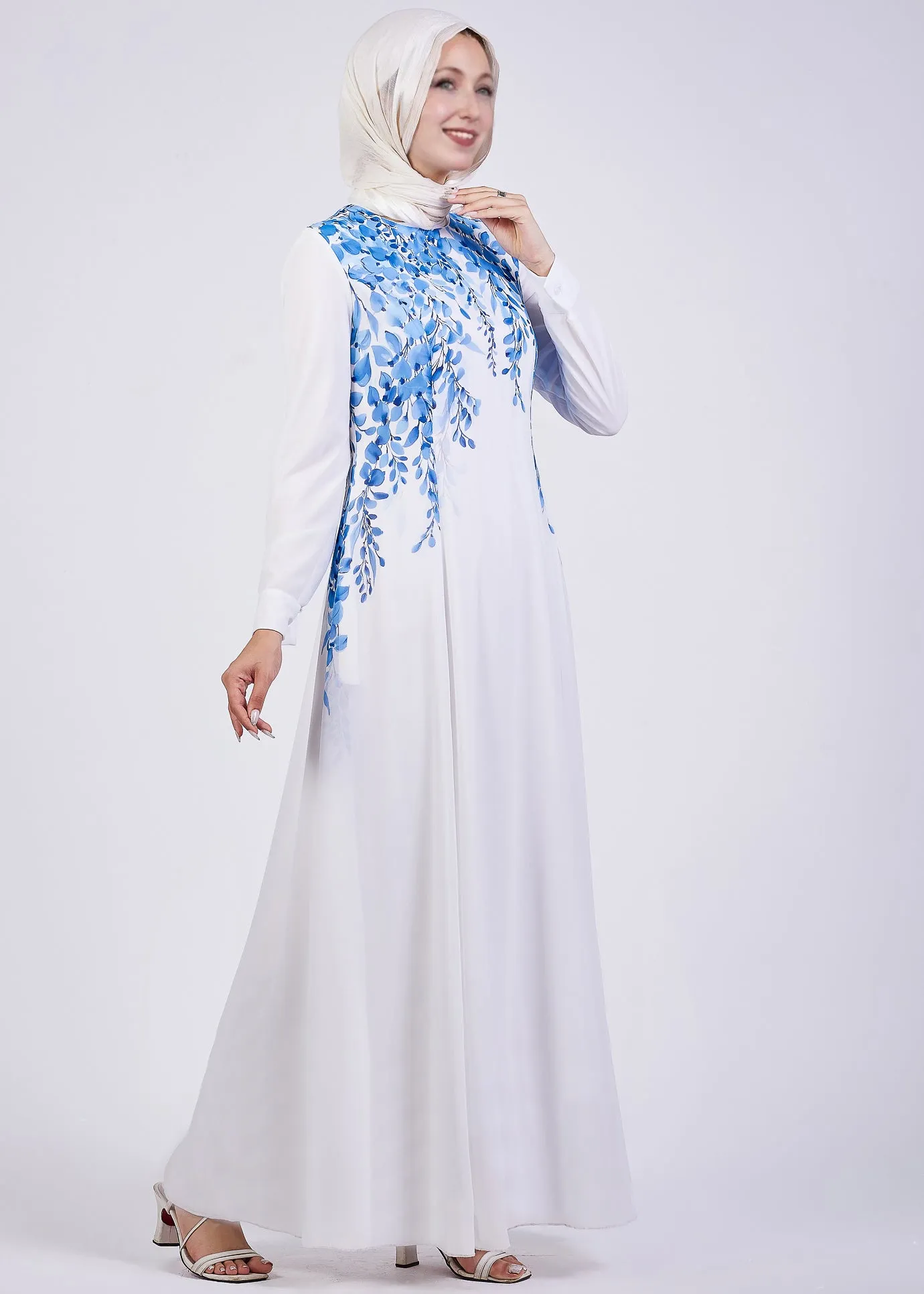 Inas Cascading Blue Blossom Chiffon Maxi Dress with Lining