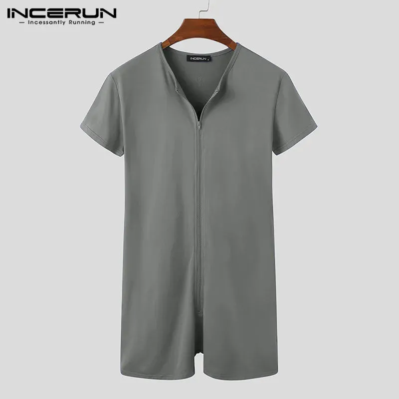 INCERUN 2024 Men Pajamas Rompers Solid Short Sleeve V Neck Zipper Cozy Sleepwear Playsuits Fitness Leisure Men Jumpsuit Homewear