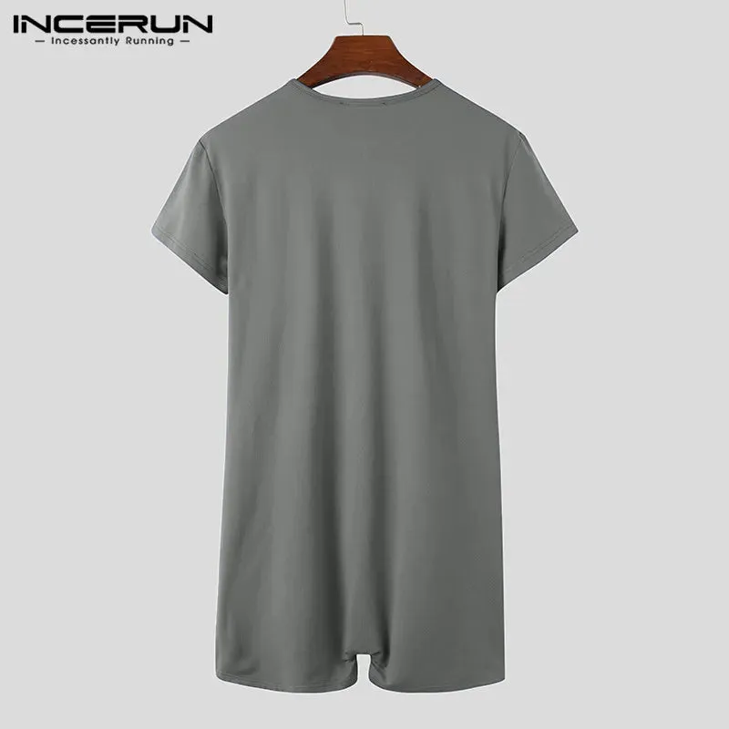 INCERUN 2024 Men Pajamas Rompers Solid Short Sleeve V Neck Zipper Cozy Sleepwear Playsuits Fitness Leisure Men Jumpsuit Homewear