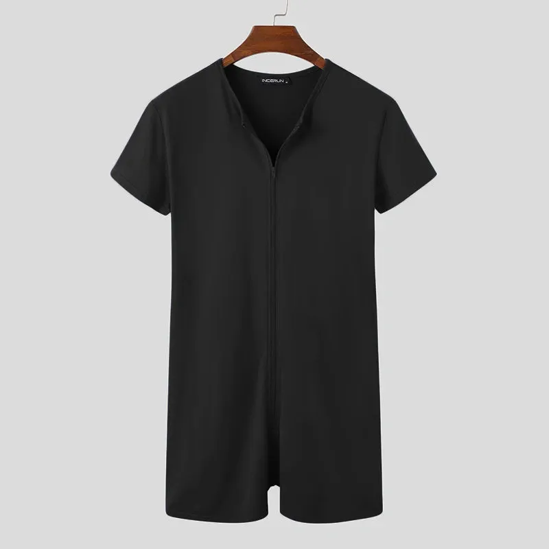 INCERUN 2024 Men Pajamas Rompers Solid Short Sleeve V Neck Zipper Cozy Sleepwear Playsuits Fitness Leisure Men Jumpsuit Homewear