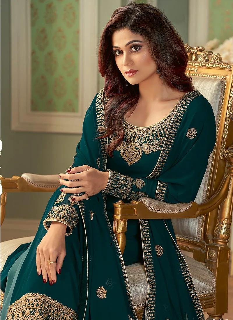 Incredible Teal Shamita Shetty Georgette Palazzo Suit