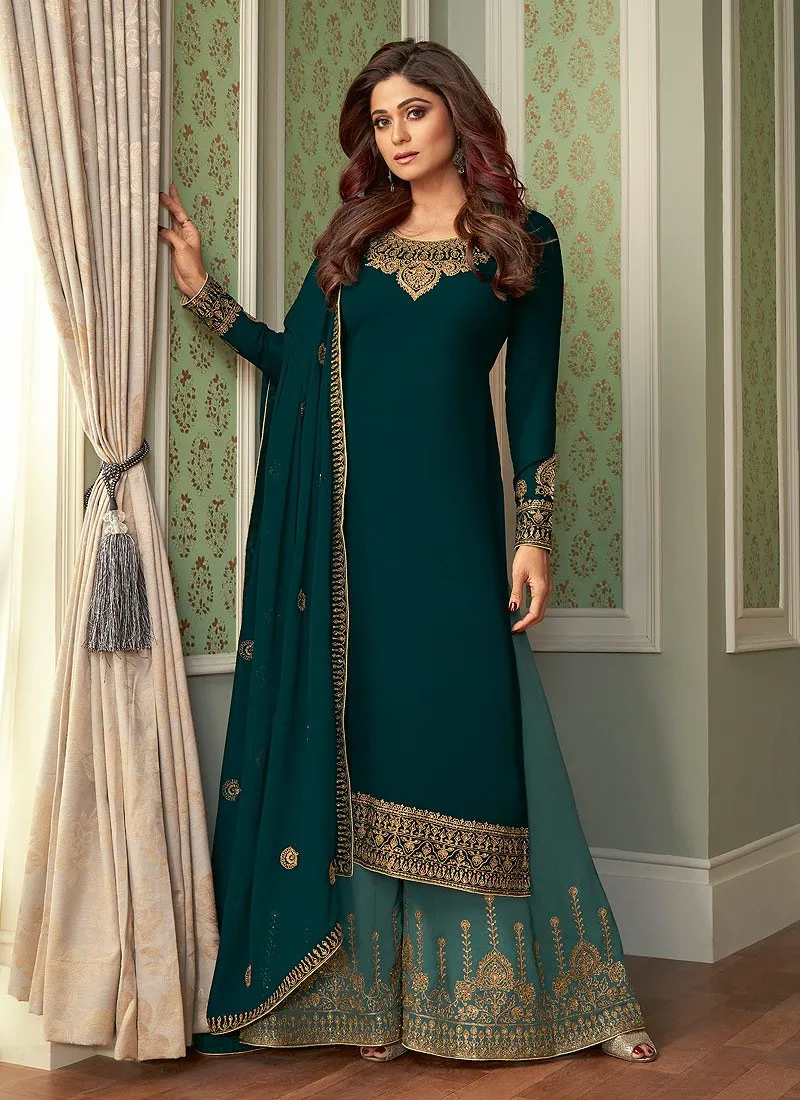 Incredible Teal Shamita Shetty Georgette Palazzo Suit