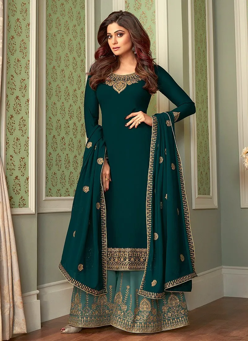 Incredible Teal Shamita Shetty Georgette Palazzo Suit