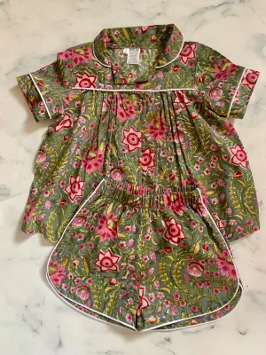 Indian Cotton Pyjamas green and pink floral