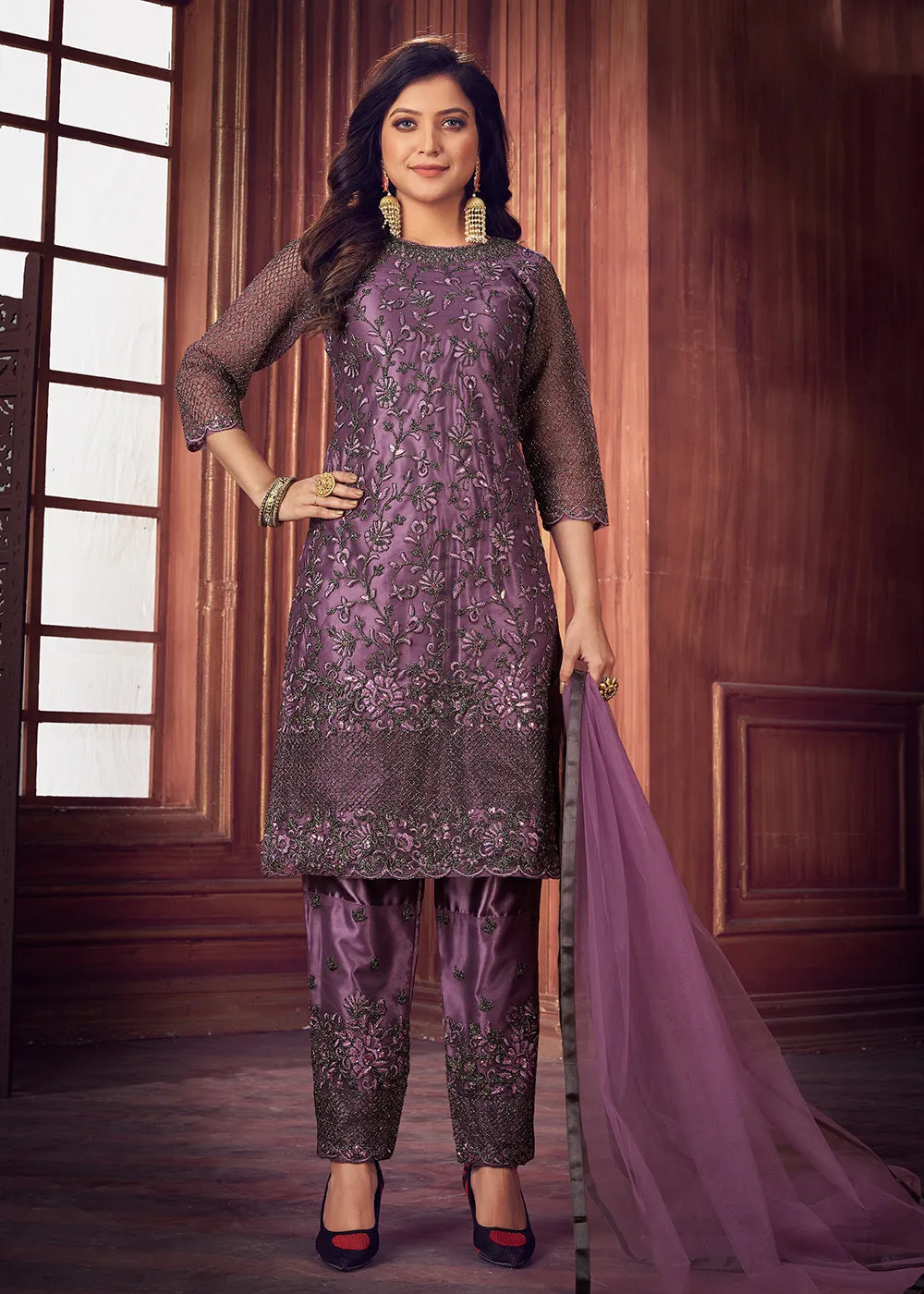 Indian Designer Lilac Net Pant Style Salwar Suit