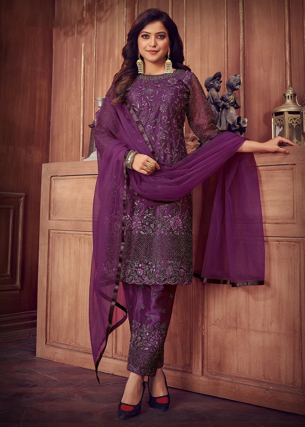 Indian Designer Purple Net Pant Style Salwar Suit