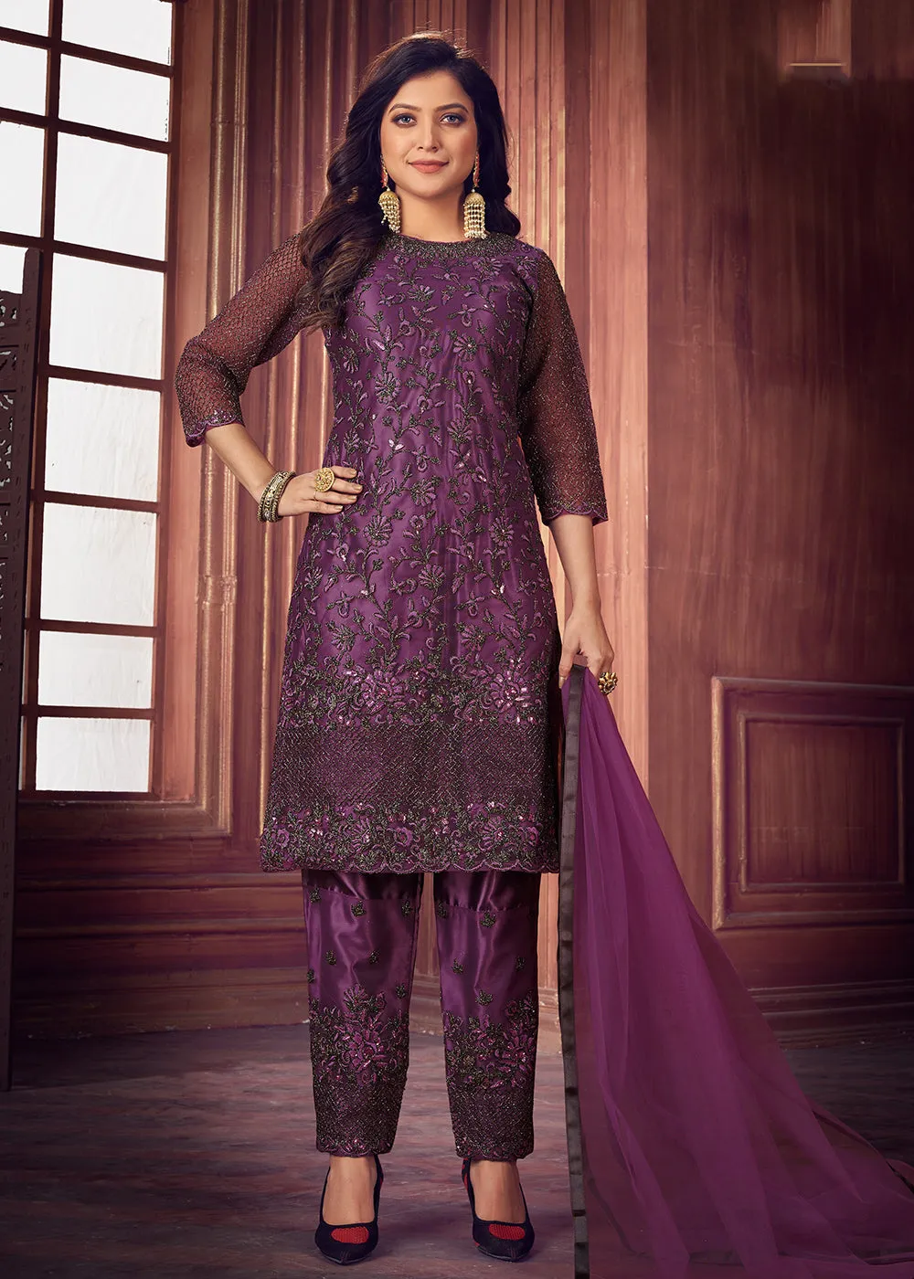 Indian Designer Purple Net Pant Style Salwar Suit