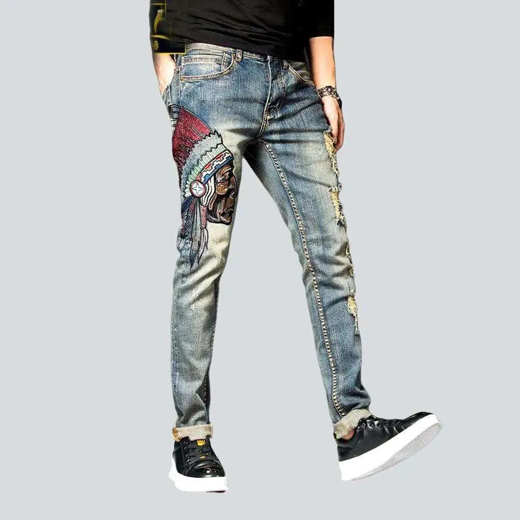 Indian head embroidery men's jeans