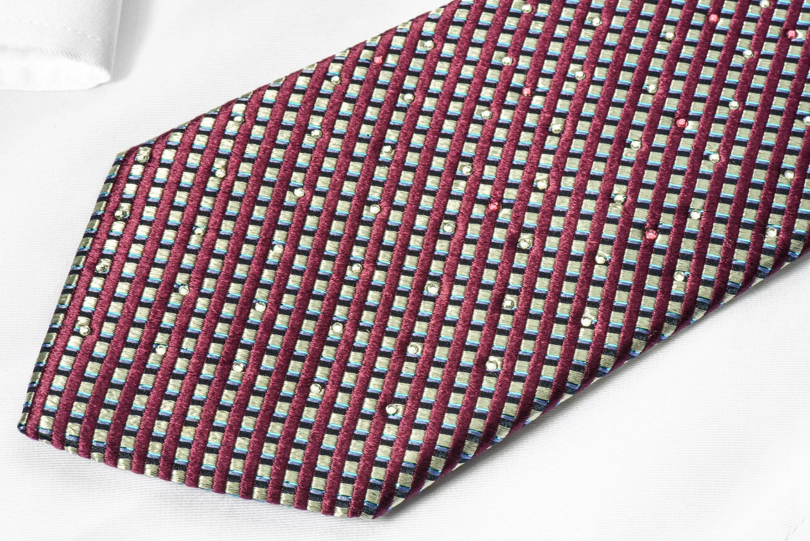 Indian Homme Men's Silk Rhinestone Necktie Silver Burgundy Stripes With Silver Sparkles