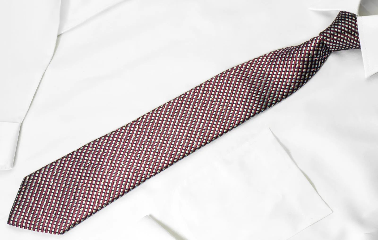 Indian Homme Men's Silk Rhinestone Necktie Silver Burgundy Stripes With Silver Sparkles