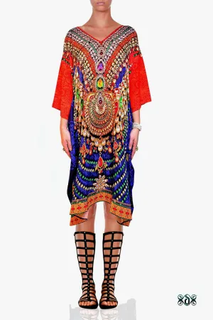 INDICA MAGNIFICA Blue Orange Royal Adorned Devarshy Pure Silk Short Kaftan