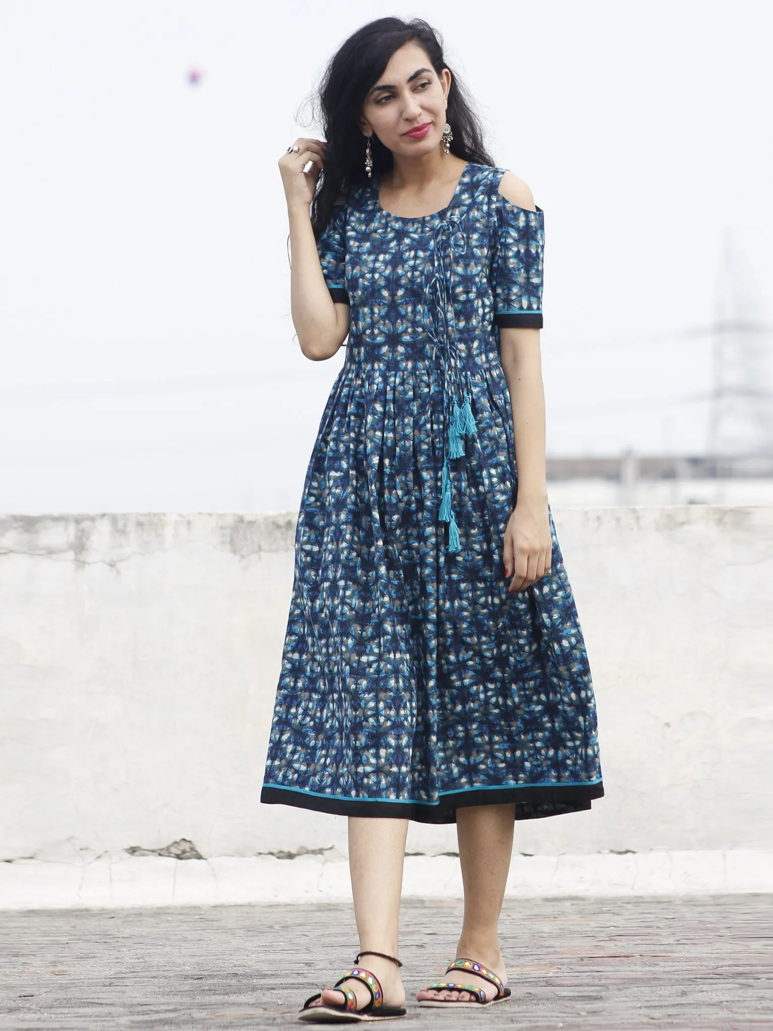 Indigo Aqua Kashish Black Hand Block Printed Dress With Cold Shoulders And Tassels - D69F547