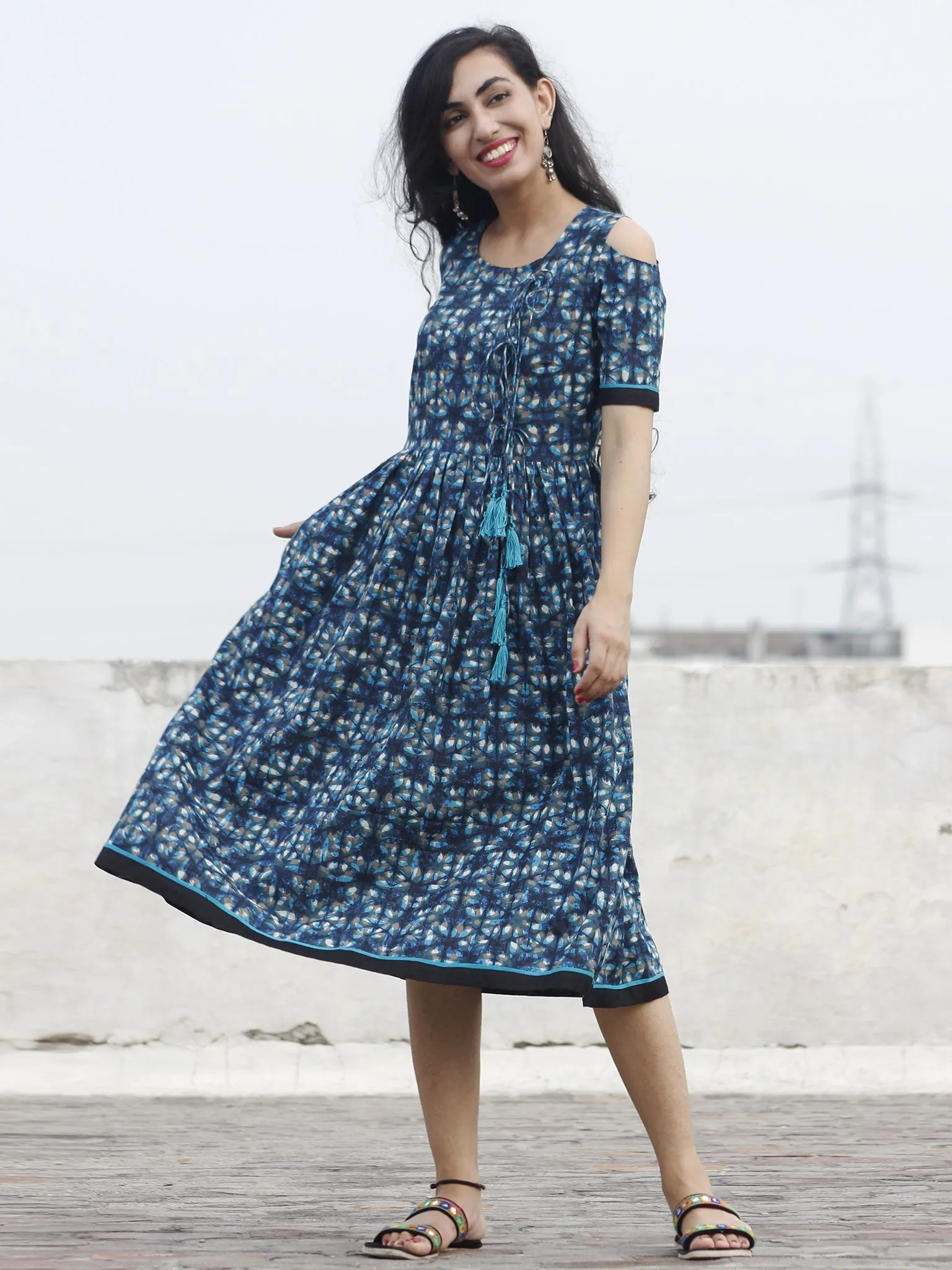 Indigo Aqua Kashish Black Hand Block Printed Dress With Cold Shoulders And Tassels - D69F547