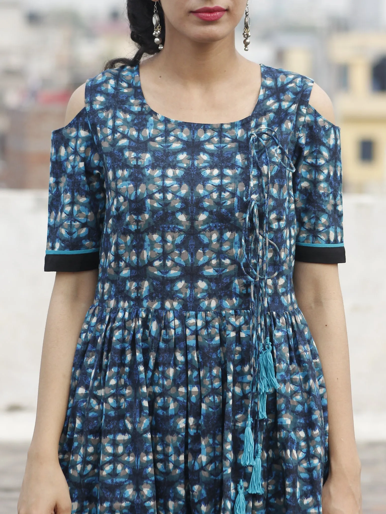 Indigo Aqua Kashish Black Hand Block Printed Dress With Cold Shoulders And Tassels - D69F547