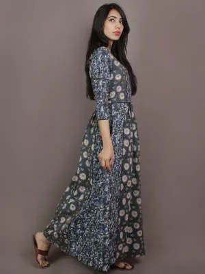 Indigo Basil Green Beige Ivory Hand Block Printed Long Princess Line Cotton Dress With Pockets - D2740301