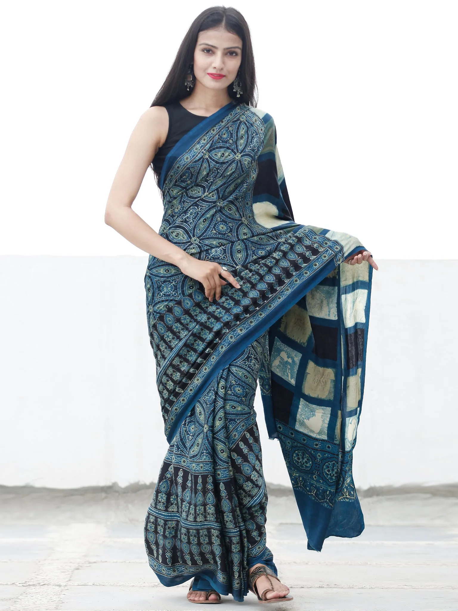 Indigo Black Green Ivory Ajrakh Hand Block Printed Modal Silk Saree in Natural Colors - S031703700