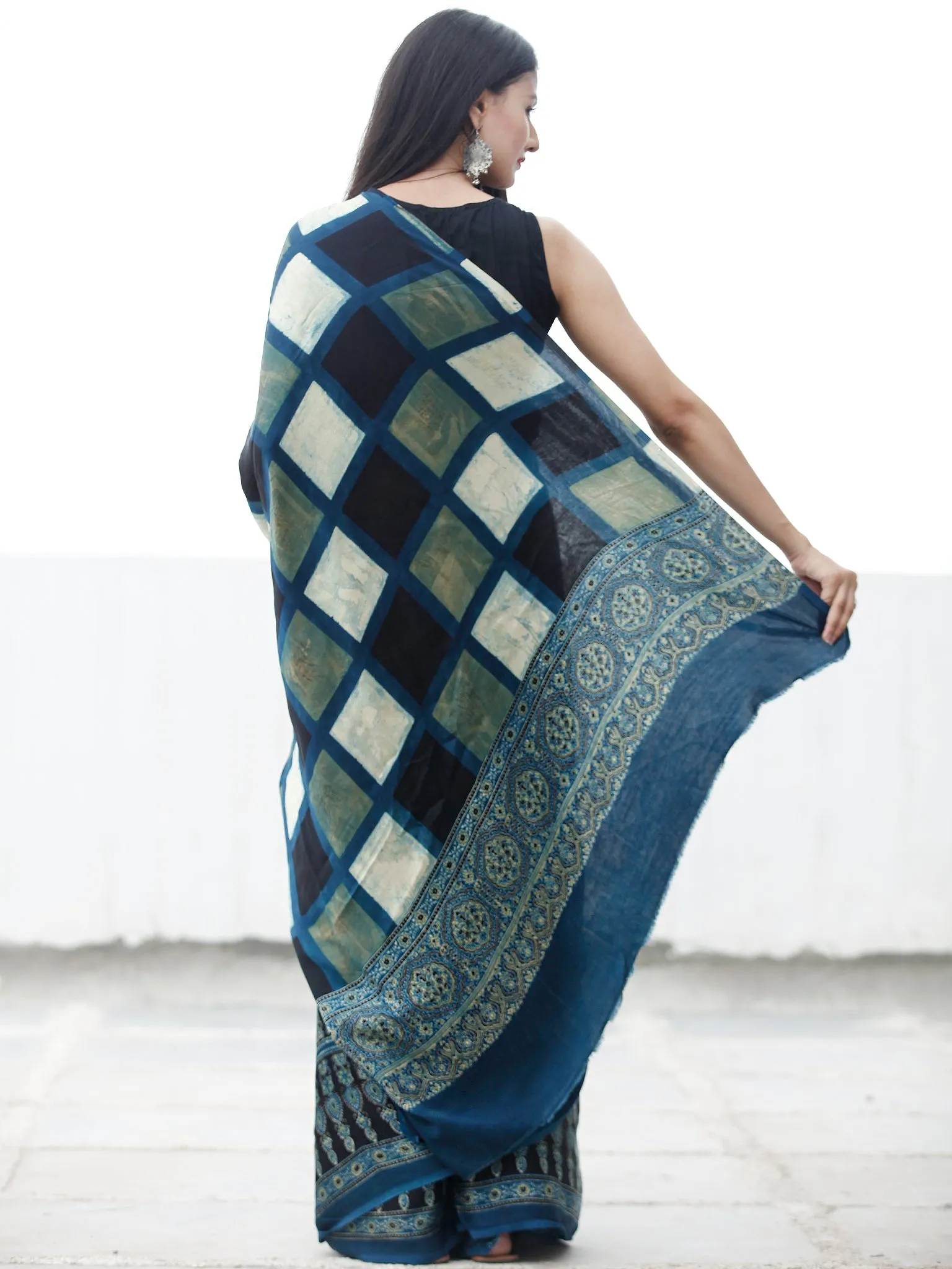 Indigo Black Green Ivory Ajrakh Hand Block Printed Modal Silk Saree in Natural Colors - S031703700