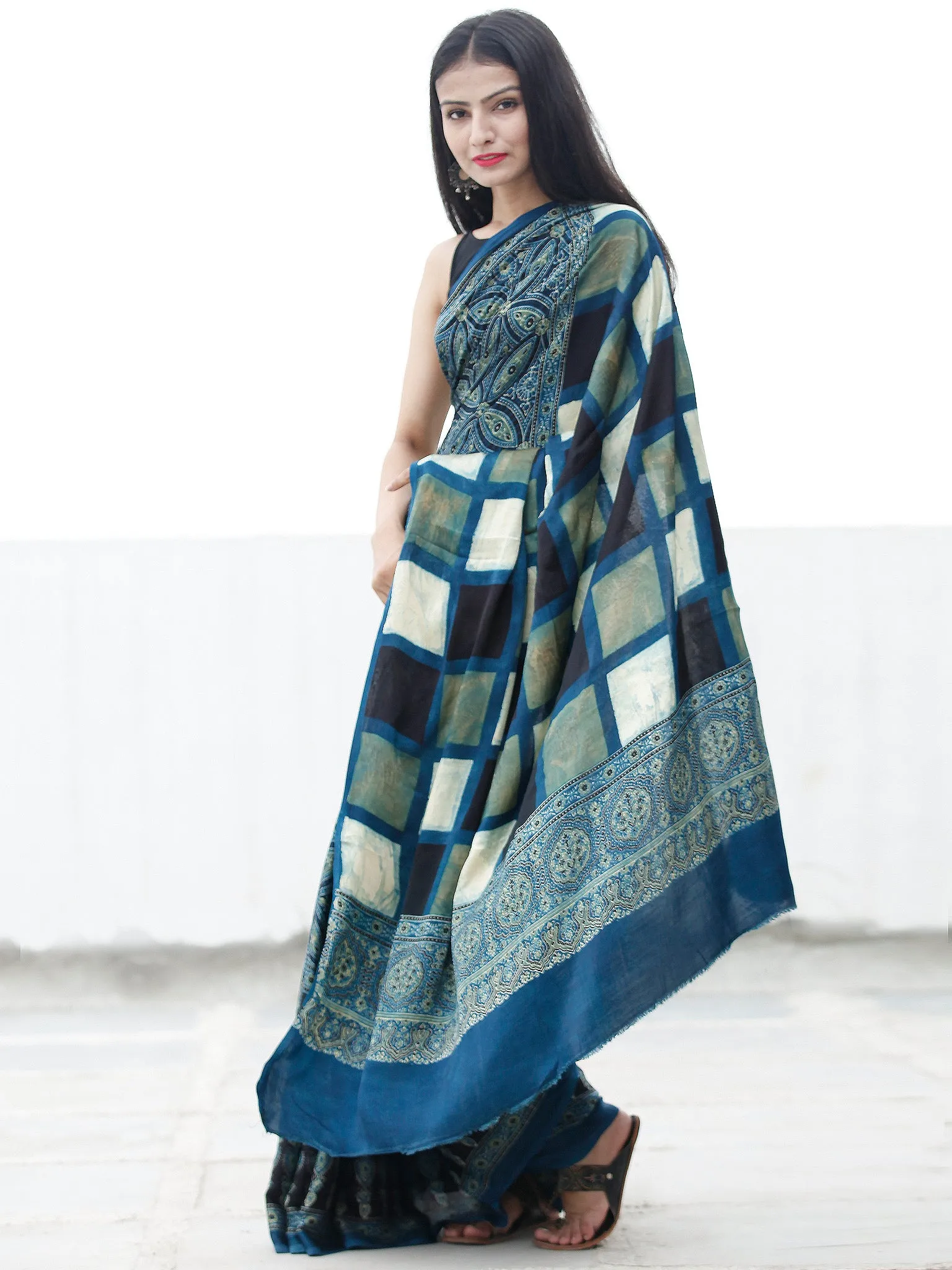 Indigo Black Green Ivory Ajrakh Hand Block Printed Modal Silk Saree in Natural Colors - S031703700