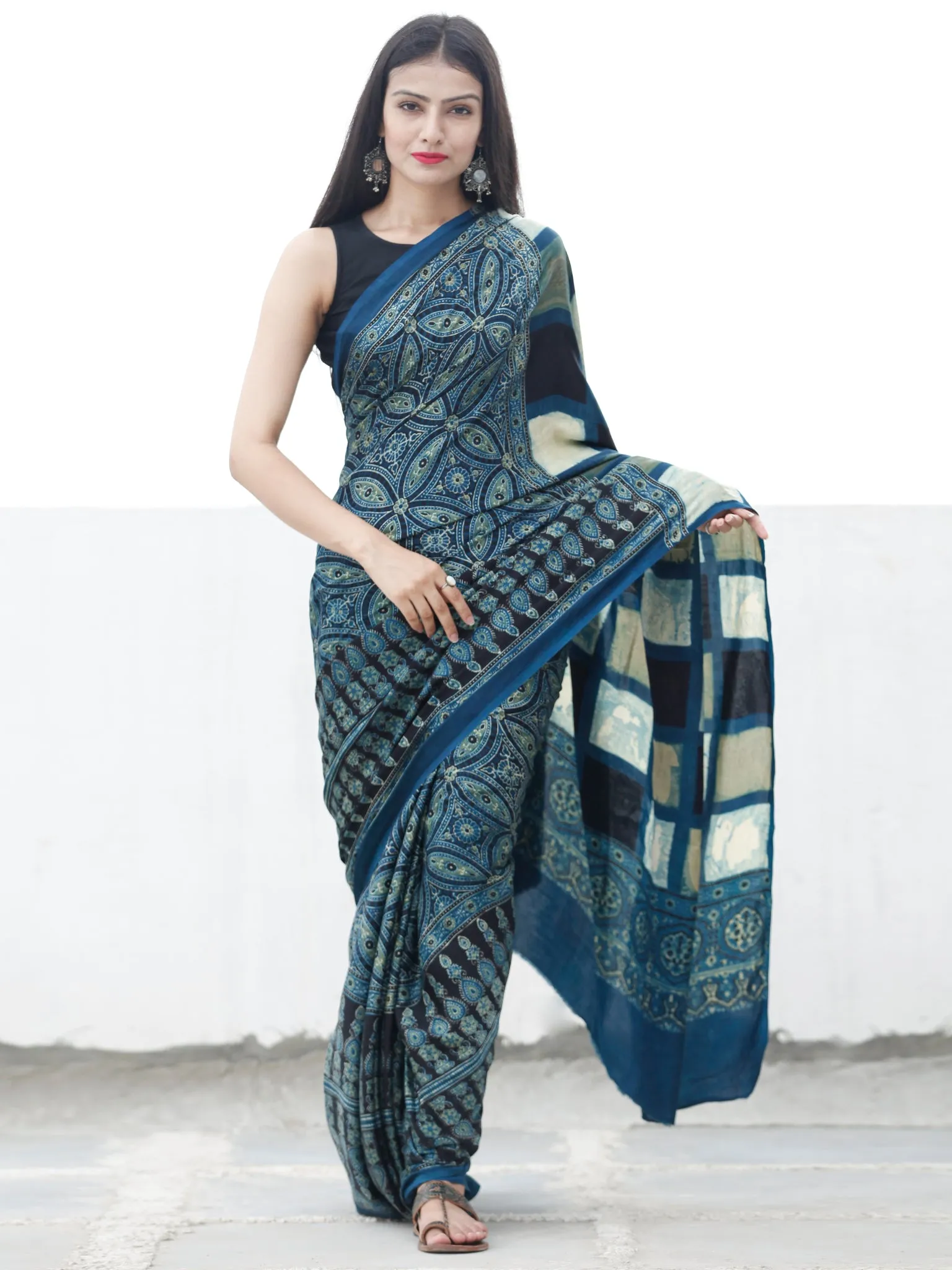 Indigo Black Green Ivory Ajrakh Hand Block Printed Modal Silk Saree in Natural Colors - S031703700