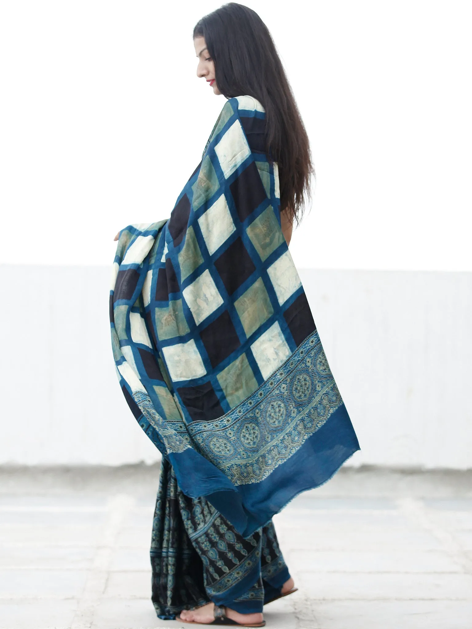 Indigo Black Green Ivory Ajrakh Hand Block Printed Modal Silk Saree in Natural Colors - S031703700