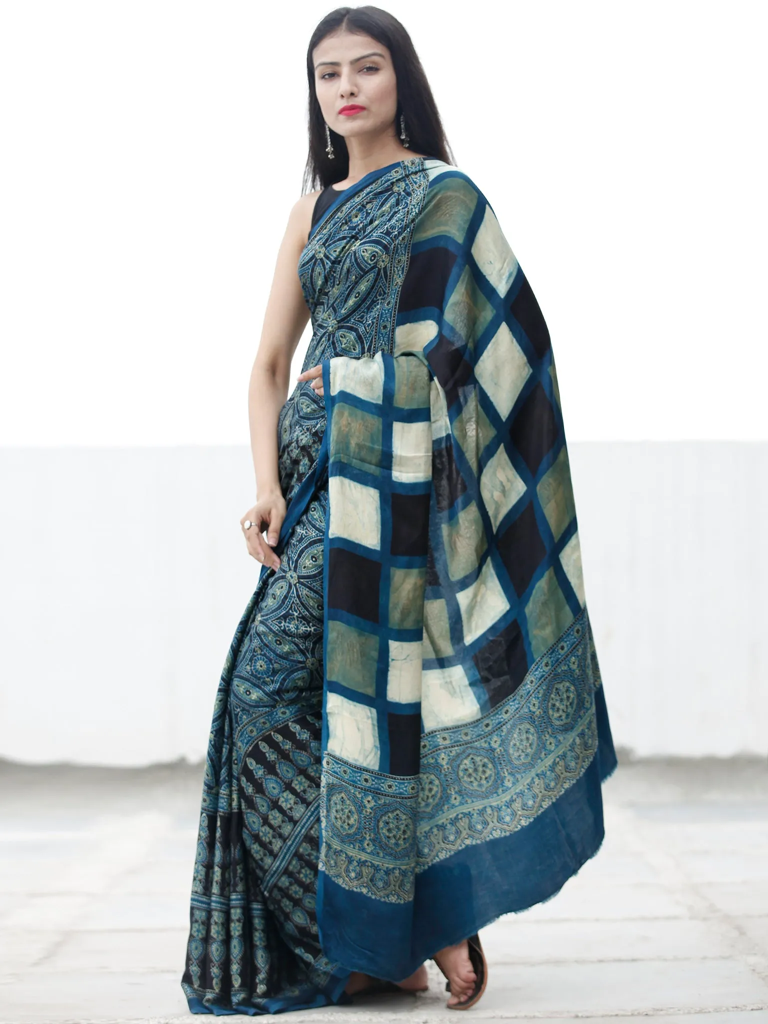 Indigo Black Green Ivory Ajrakh Hand Block Printed Modal Silk Saree in Natural Colors - S031703700