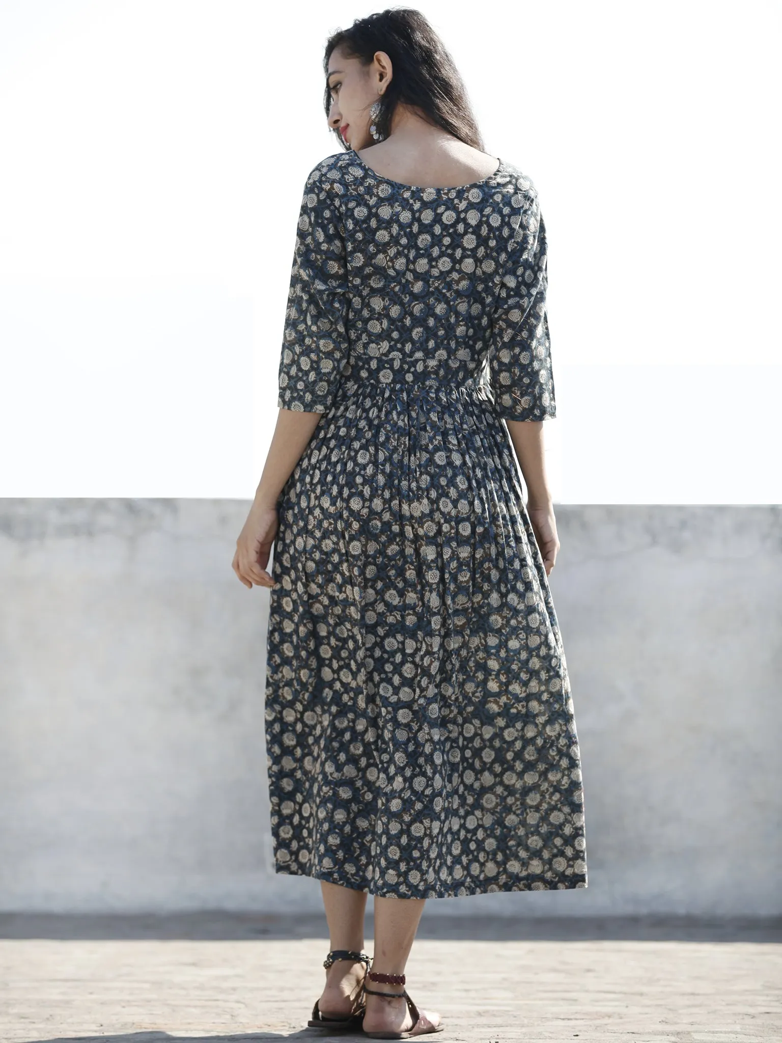 Indigo Black Ivory Bown Hand Block Printed Cotton Midi Dress  - D98F886