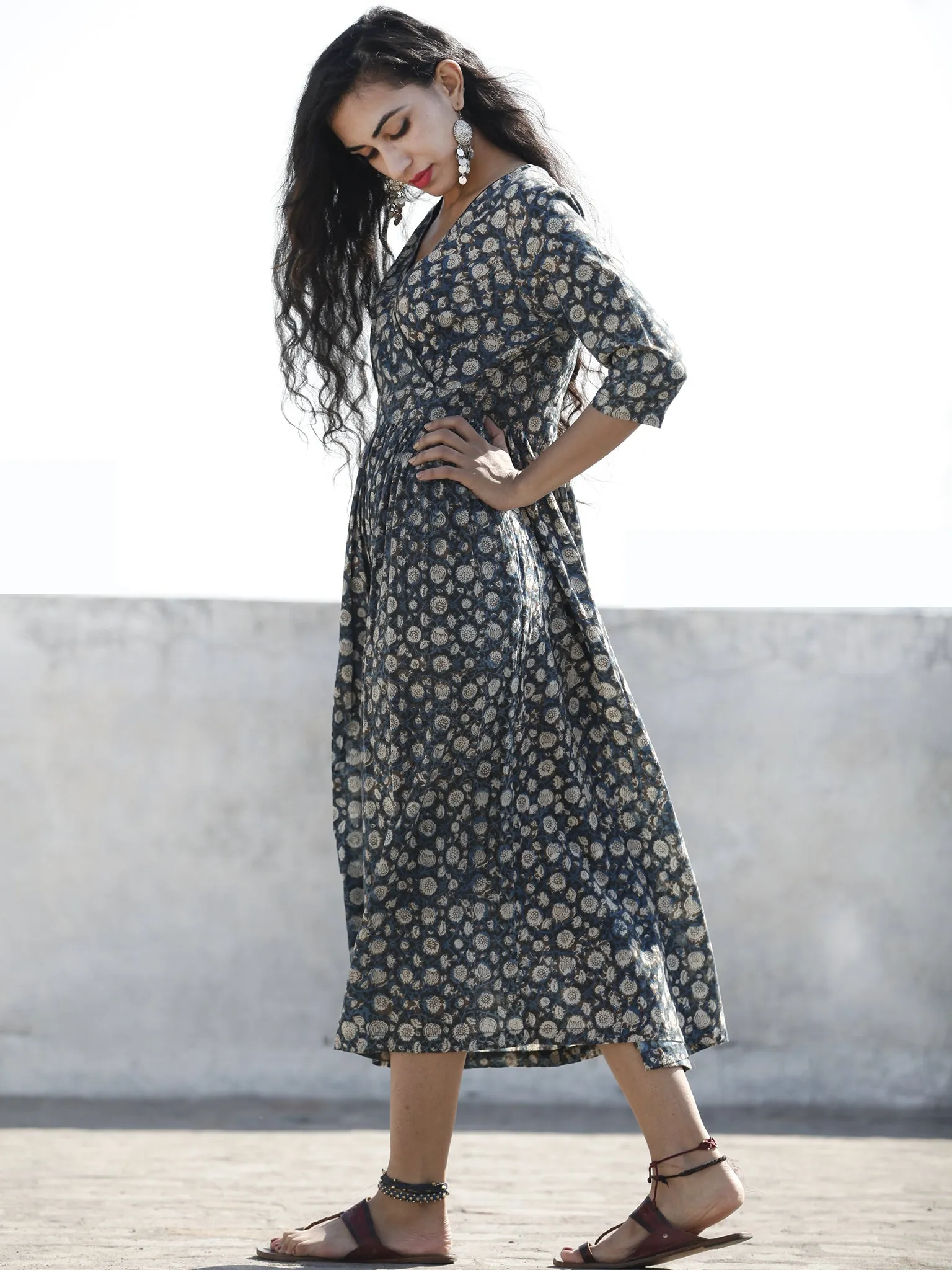 Indigo Black Ivory Bown Hand Block Printed Cotton Midi Dress  - D98F886